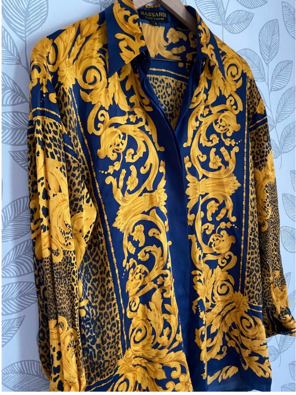 Massardi Gold Label Bold Baroque Print Button-Up Shirt in Navy & Gold Size S